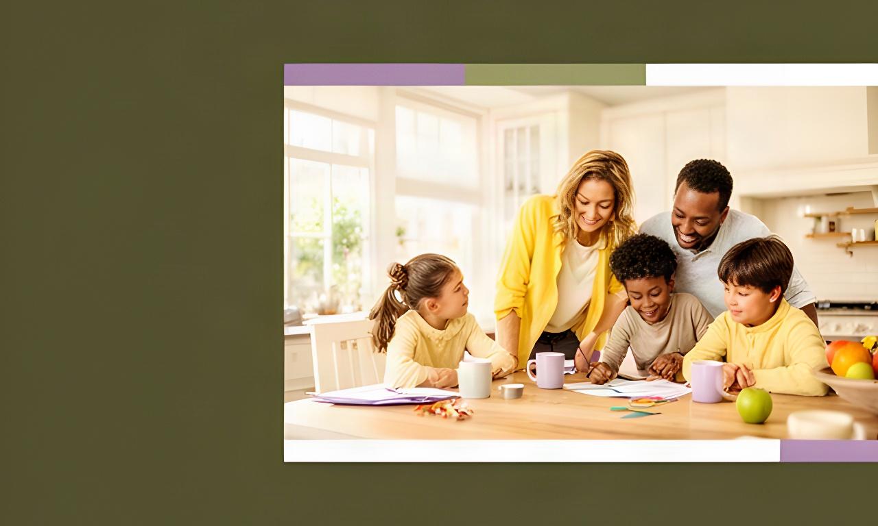 Gezin met twee kinderen aan de keukentafel in een lichte woning in Ede