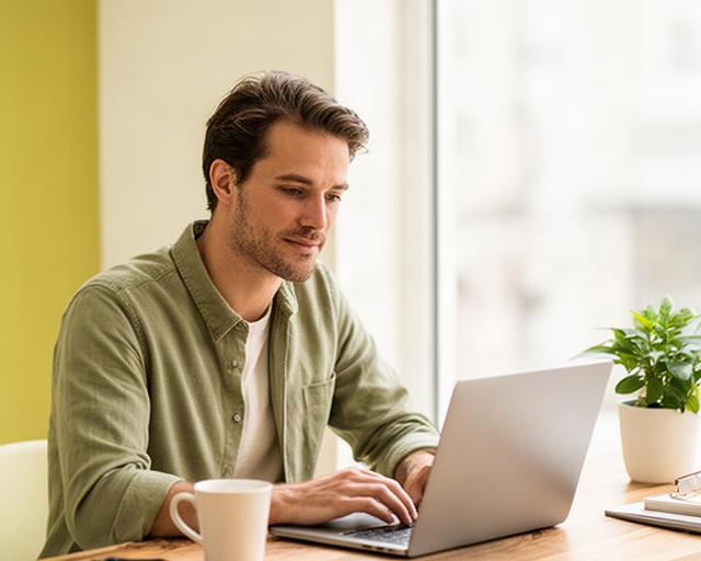 Zelfstandige ondernemer werkt met laptop aan een houten tafel in een lichte werkruimte in Ede