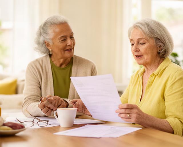 Oudere vrouw met een kop koffie aan tafel in een lichte woning terwijl zij samen met een adviseur een overheidsbrief bekijkt
